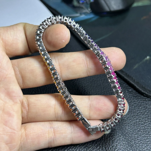 Stainless Steel Plated White Gold Rainbow Sapphire Tennis Bracelet