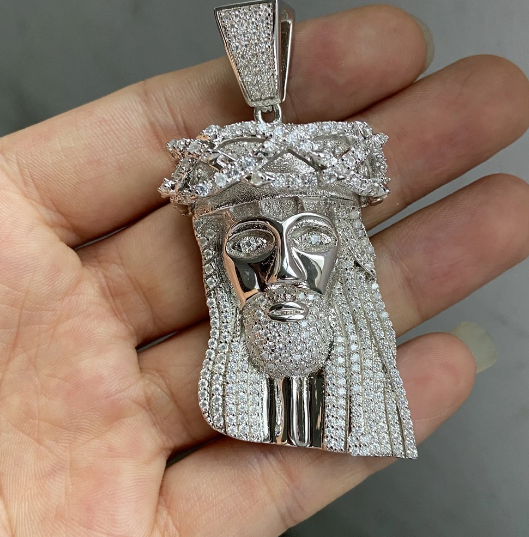 S925 Silver Iced Out Moissanite Diamond Jesus Head Pendant Necklace